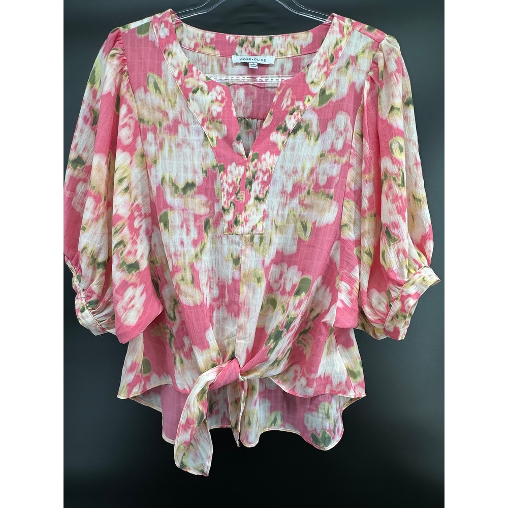 Rose + Olive‎ Pink Floral Tie-Front Blouse | Size L | Boho Peplum Top